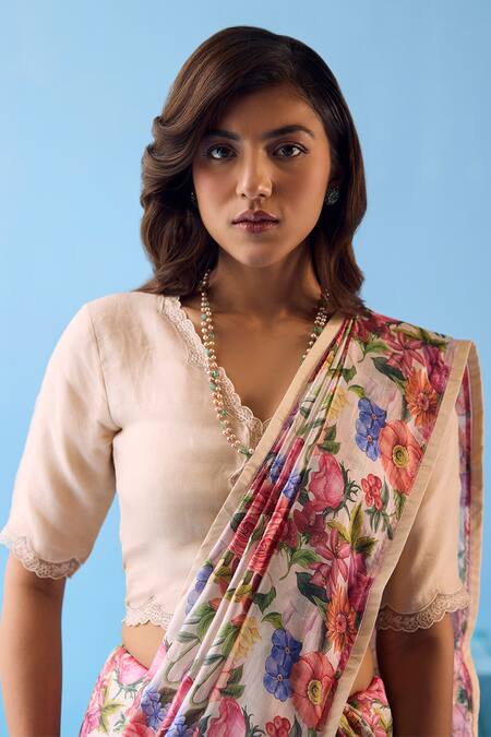 Buy_Surmaye_Beige Whimsical Garden Printed Saree _Online_at_Aza_Fashions