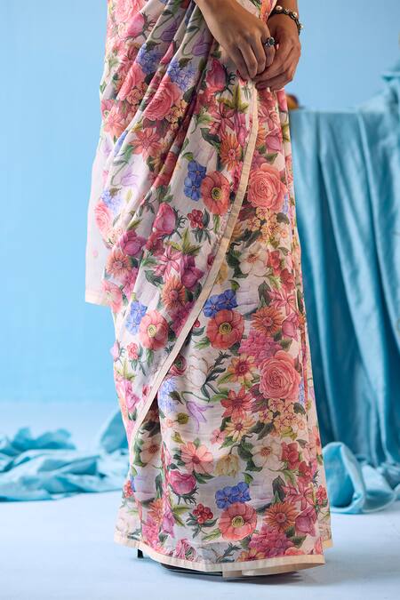 Surmaye_Beige Whimsical Garden Printed Saree _at_Aza_Fashions
