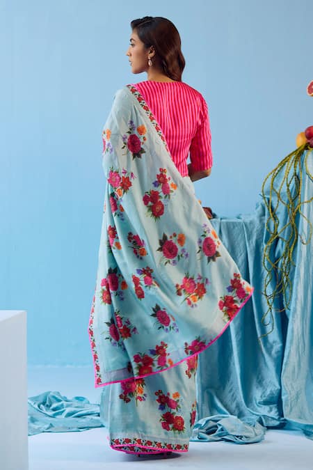 Shop_Surmaye_Blue Silk Eternal Love Floral Motif Print Saree _at_Aza_Fashions