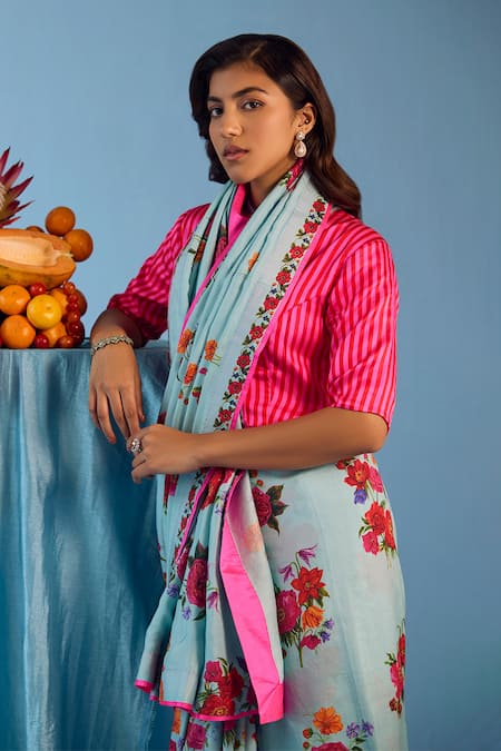 Surmaye_Blue Silk Eternal Love Floral Motif Print Saree _Online_at_Aza_Fashions