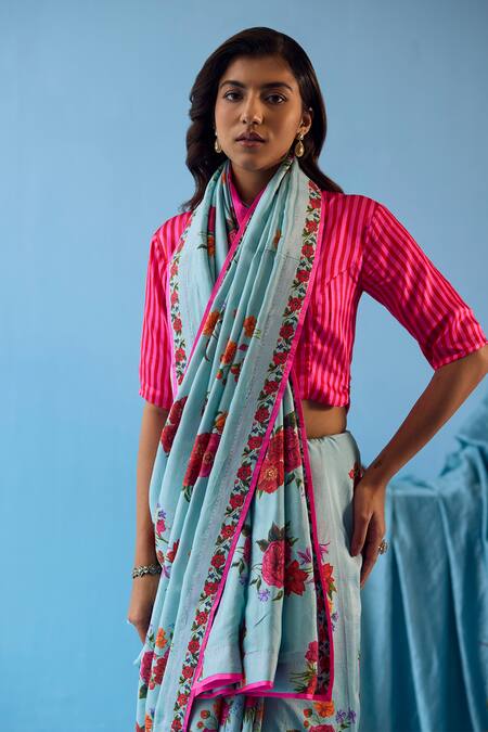 Buy_Surmaye_Blue Silk Eternal Love Floral Motif Print Saree _Online_at_Aza_Fashions