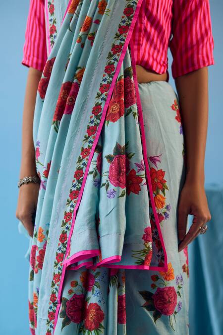 Shop_Surmaye_Blue Silk Eternal Love Floral Motif Print Saree _Online_at_Aza_Fashions