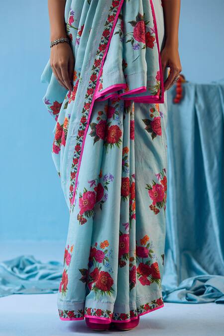 Surmaye_Blue Silk Eternal Love Floral Motif Print Saree _at_Aza_Fashions