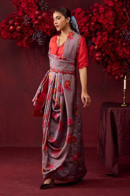 Buy_Surmaye_Grey Silk Eternal Love Flower Motif Print Saree _Online_at_Aza_Fashions