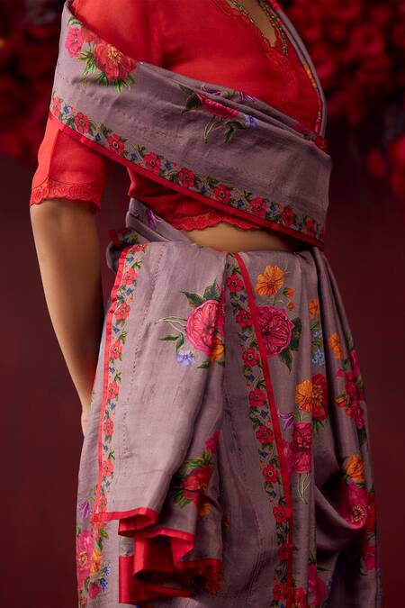 Shop_Surmaye_Grey Silk Eternal Love Flower Motif Print Saree _Online_at_Aza_Fashions