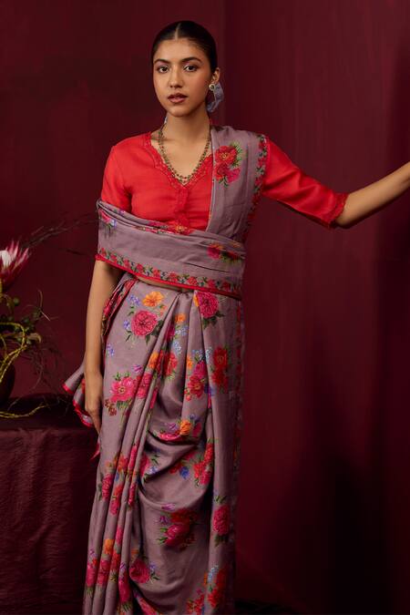 Surmaye_Grey Silk Eternal Love Flower Motif Print Saree _at_Aza_Fashions