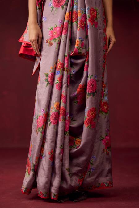 Buy_Surmaye_Grey Silk Eternal Love Flower Motif Print Saree 