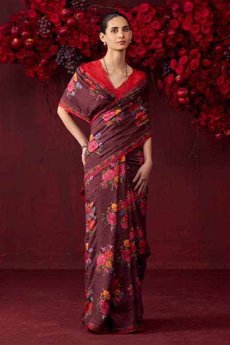 Surmaye Burgundy Handwoven Organza Mulberry Silk Printed Floral Eternal Love Saree 