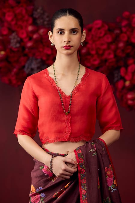 Surmaye_Burgundy Silk Eternal Love Floral Motif Print Saree _Online_at_Aza_Fashions