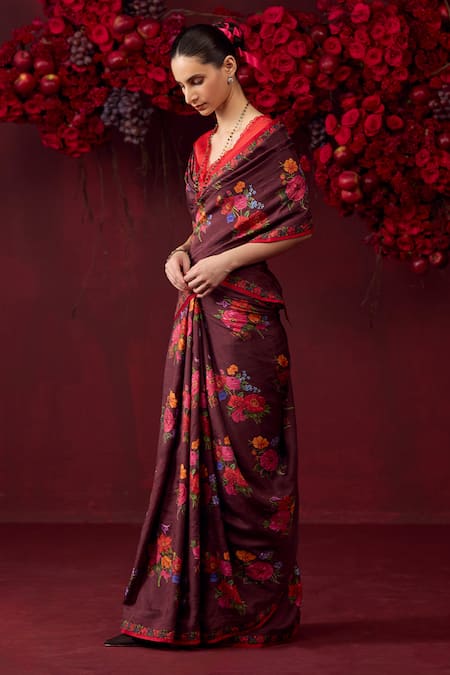 Buy_Surmaye_Burgundy Silk Eternal Love Floral Motif Print Saree _Online_at_Aza_Fashions
