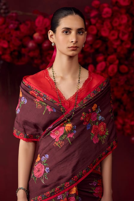 Shop_Surmaye_Burgundy Silk Eternal Love Floral Motif Print Saree _Online_at_Aza_Fashions