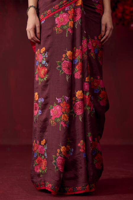 Surmaye_Burgundy Silk Eternal Love Floral Motif Print Saree _at_Aza_Fashions