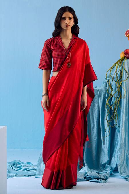 Surmaye_Red Silk Tassels Bold Allure Handwoven Satin Border Saree _Online_at_Aza_Fashions