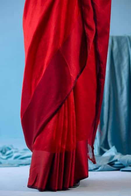 Shop_Surmaye_Red Silk Tassels Bold Allure Handwoven Satin Border Saree _Online_at_Aza_Fashions