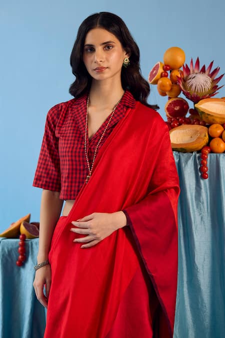 Surmaye_Red Silk Tassels Bold Allure Handwoven Satin Border Saree _at_Aza_Fashions