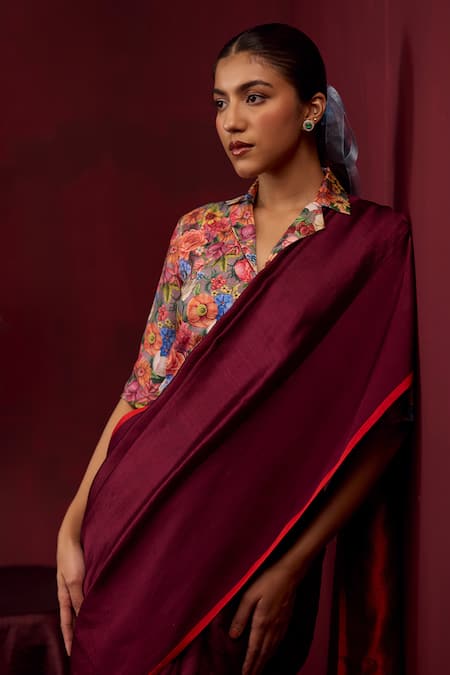 Shop_Surmaye_Maroon Silk Bold Allure Hamdwoven Saree _Online_at_Aza_Fashions