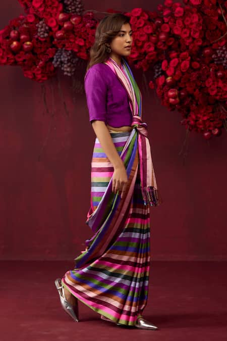 Surmaye Multi Color Handloom Cotton Playful Cascade Stripe Pattern Saree Online at Aza Fashions Surmaye_Multi Color Handloom Cotton Playful Cascade Stripe Pattern Saree _Online_at_Aza_Fashions