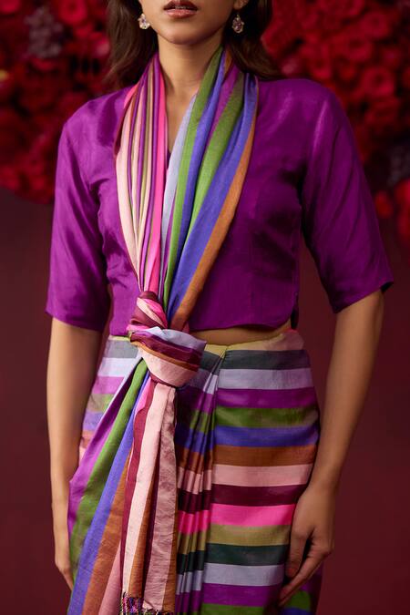 Shop Surmaye Multi Color Handloom Cotton Playful Cascade Stripe Pattern Saree Online at Aza Fashions Shop_Surmaye_Multi Color Handloom Cotton Playful Cascade Stripe Pattern Saree _Online_at_Aza_Fashions