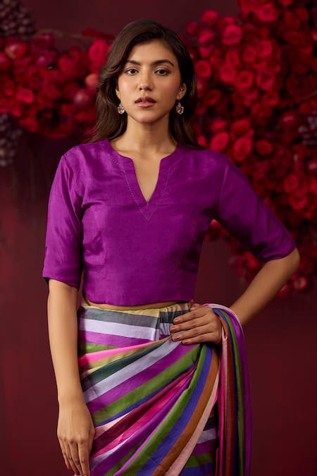 Buy Surmaye Multi Color Handloom Cotton Playful Cascade Stripe Pattern Saree Buy_Surmaye_Multi Color Handloom Cotton Playful Cascade Stripe Pattern Saree