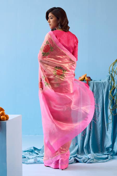 Shop_Surmaye_Fuchsia Handloom Cotton Zari Vivacious Jamdani Saree _at_Aza_Fashions
