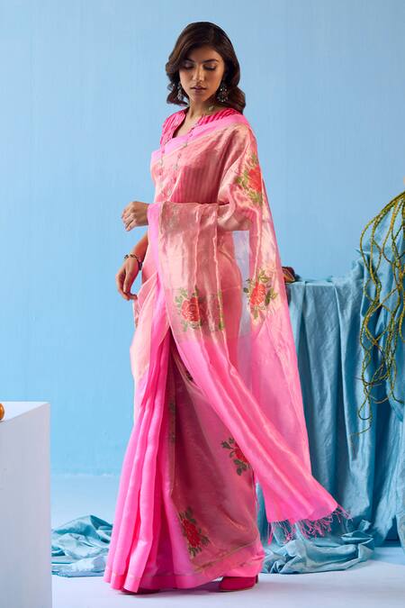 Shop_Surmaye_Fuchsia Handloom Cotton Zari Vivacious Jamdani Saree _Online_at_Aza_Fashions