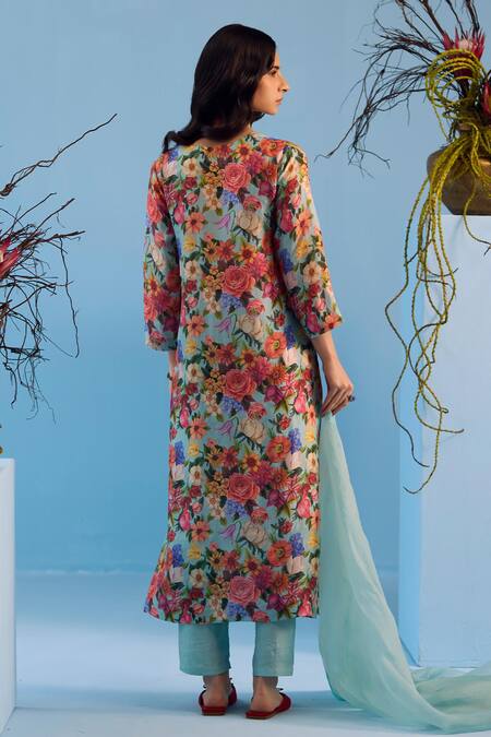 Shop Surmaye Blue Silk Embroidery Split V-neck Euphoric Handwoven Kurta Pant Set at Aza Fashions Shop_Surmaye_Blue Silk Embroidery Split V-neck Euphoric Handwoven Kurta Pant Set _at_Aza_Fashions