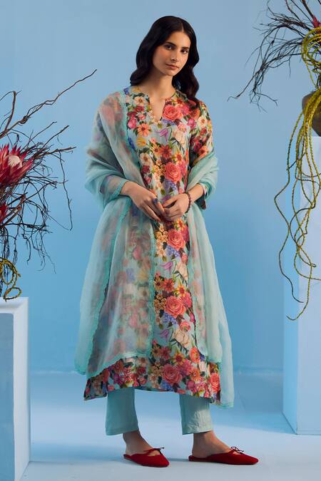 Buy Surmaye Blue Silk Embroidery Split V-neck Euphoric Handwoven Kurta Pant Set Online at Aza Fashions Buy_Surmaye_Blue Silk Embroidery Split V-neck Euphoric Handwoven Kurta Pant Set _Online_at_Aza_Fashions