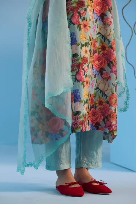 Surmaye Blue Silk Embroidery Split V-neck Euphoric Handwoven Kurta Pant Set at Aza Fashions Surmaye_Blue Silk Embroidery Split V-neck Euphoric Handwoven Kurta Pant Set _at_Aza_Fashions