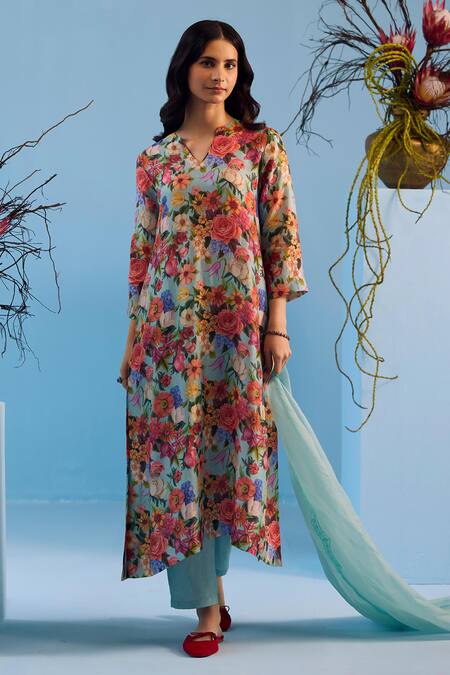 Buy Surmaye Blue Silk Embroidery Split V-neck Euphoric Handwoven Kurta Pant Set Buy_Surmaye_Blue Silk Embroidery Split V-neck Euphoric Handwoven Kurta Pant Set