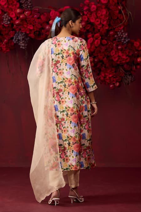 Shop_Surmaye_Beige Handloom Cotton, Silk V-neck Euphoric Blossom Kurta And Pant Set _at_Aza_Fashions