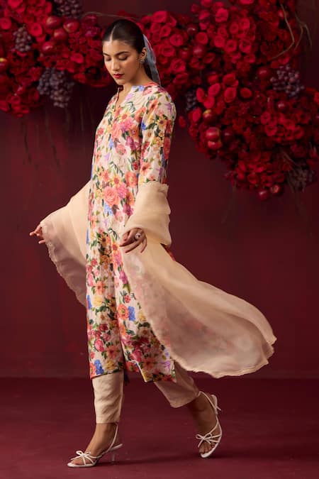 Surmaye_Beige Handloom Cotton, Silk V-neck Euphoric Blossom Kurta And Pant Set _Online_at_Aza_Fashions