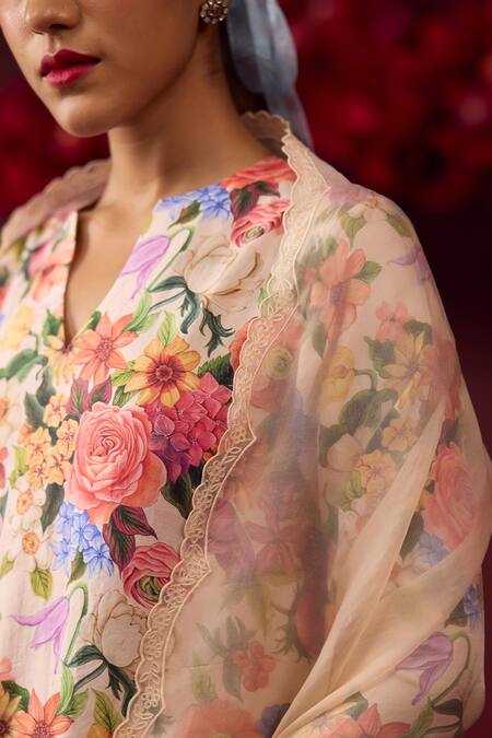 Buy_Surmaye_Beige Handloom Cotton, Silk V-neck Euphoric Blossom Kurta And Pant Set _Online_at_Aza_Fashions