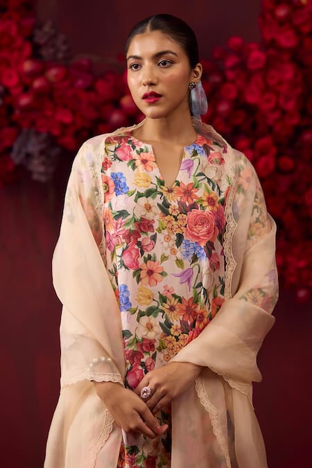 Shop_Surmaye_Beige Handloom Cotton, Silk V-neck Euphoric Blossom Kurta And Pant Set _Online_at_Aza_Fashions