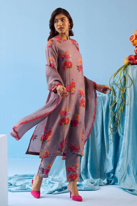 Surmaye Grey Silk Embroidery Round Neck Enchanted Bloom Printed Kurta Pant Set Online at Aza Fashions Surmaye_Grey Silk Embroidery Round Neck Enchanted Bloom Printed Kurta Pant Set _Online_at_Aza_Fashions