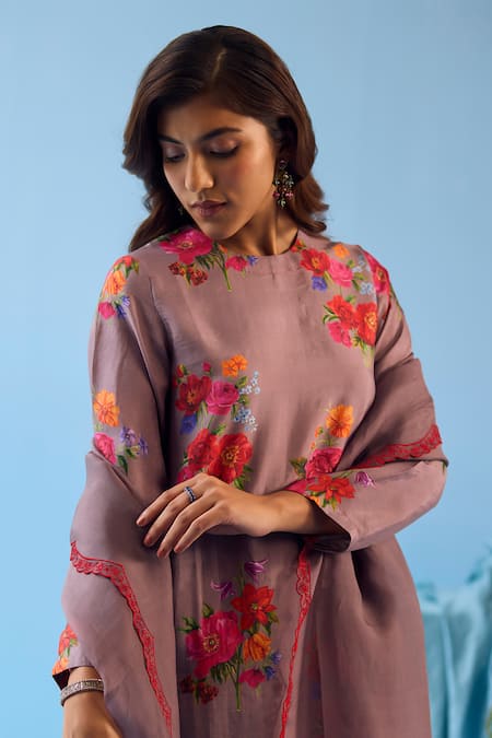 Buy Surmaye Grey Silk Embroidery Round Neck Enchanted Bloom Printed Kurta Pant Set Online at Aza Fashions Buy_Surmaye_Grey Silk Embroidery Round Neck Enchanted Bloom Printed Kurta Pant Set _Online_at_Aza_Fashions