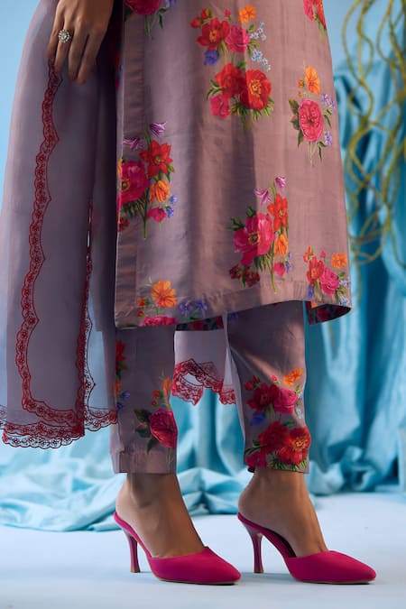 Surmaye Grey Silk Embroidery Round Neck Enchanted Bloom Printed Kurta Pant Set at Aza Fashions Surmaye_Grey Silk Embroidery Round Neck Enchanted Bloom Printed Kurta Pant Set _at_Aza_Fashions