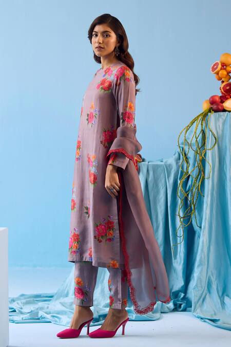 Buy Surmaye Grey Silk Embroidery Round Neck Enchanted Bloom Printed Kurta Pant Set Buy_Surmaye_Grey Silk Embroidery Round Neck Enchanted Bloom Printed Kurta Pant Set