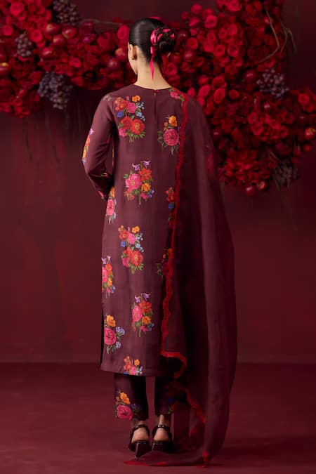Shop_Surmaye_Maroon Handloom Cotton, Silk Enchanted Bloom Floral Motif Print Kurta And Pant Set _at_Aza_Fashions