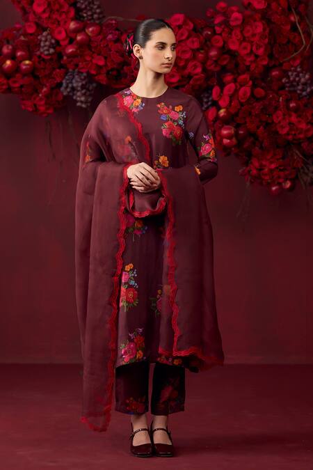 Surmaye_Maroon Handloom Cotton, Silk Enchanted Bloom Floral Motif Print Kurta And Pant Set _Online_at_Aza_Fashions
