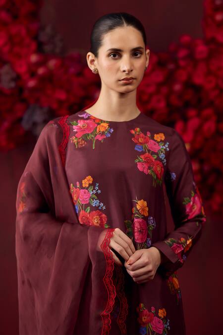 Buy_Surmaye_Maroon Handloom Cotton, Silk Enchanted Bloom Floral Motif Print Kurta And Pant Set _Online_at_Aza_Fashions