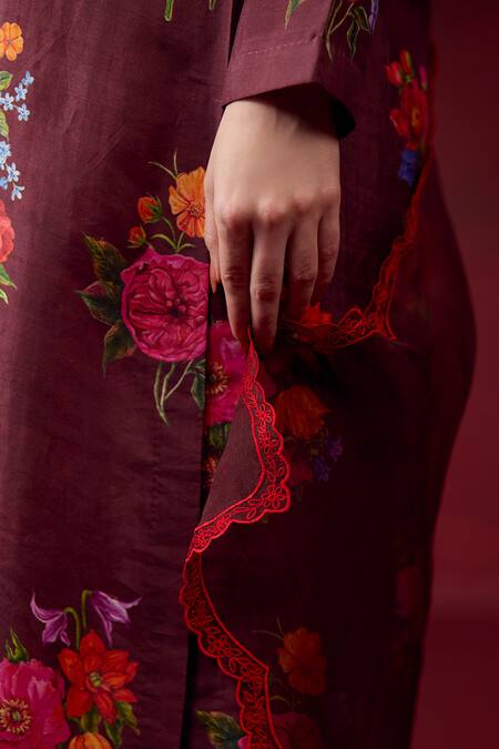 Shop_Surmaye_Maroon Handloom Cotton, Silk Enchanted Bloom Floral Motif Print Kurta And Pant Set _Online_at_Aza_Fashions