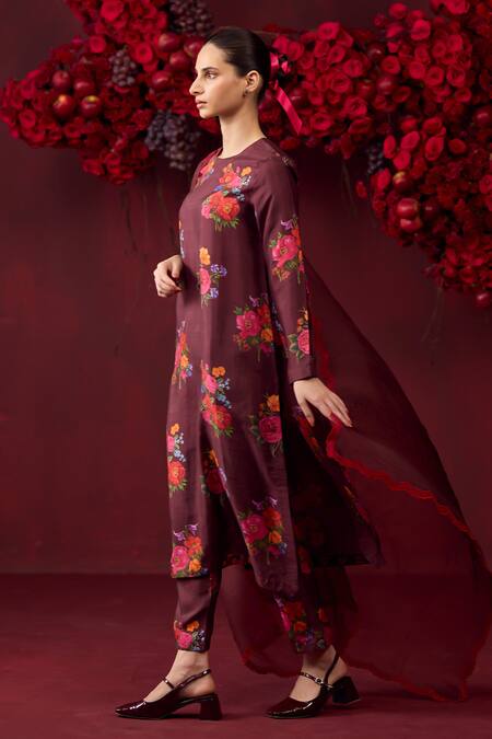 Buy_Surmaye_Maroon Handloom Cotton, Silk Enchanted Bloom Floral Motif Print Kurta And Pant Set 