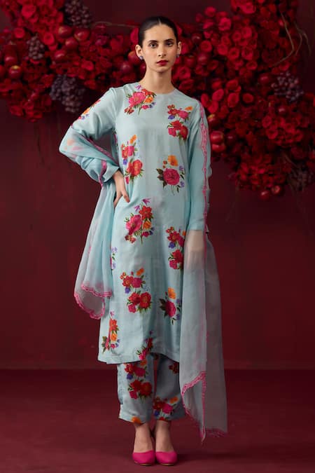 Surmaye Blue Handwoven Mulberry Silk Printed Floral Enchanted Bloom Kurta And Pant Set 