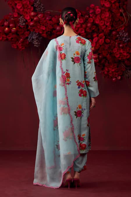 Shop Surmaye Blue Silk Embroidery Round Neck Enchanted Bloom Floral Print Kurta And Pant Set at Aza Fashions Shop_Surmaye_Blue Silk Embroidery Round Neck Enchanted Bloom Floral Print Kurta And Pant Set _at_Aza_Fashions