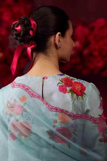 Surmaye Blue Silk Embroidery Round Neck Enchanted Bloom Floral Print Kurta And Pant Set Online at Aza Fashions Surmaye_Blue Silk Embroidery Round Neck Enchanted Bloom Floral Print Kurta And Pant Set _Online_at_Aza_Fashions