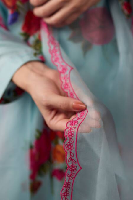 Surmaye Blue Silk Embroidery Round Neck Enchanted Bloom Floral Print Kurta And Pant Set at Aza Fashions Surmaye_Blue Silk Embroidery Round Neck Enchanted Bloom Floral Print Kurta And Pant Set _at_Aza_Fashions