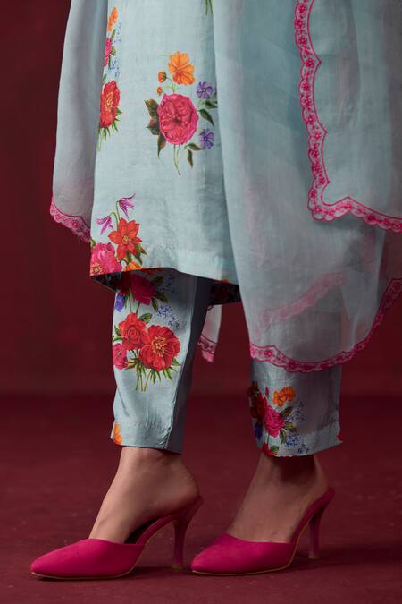 Buy Surmaye Blue Silk Embroidery Round Neck Enchanted Bloom Floral Print Kurta And Pant Set Buy_Surmaye_Blue Silk Embroidery Round Neck Enchanted Bloom Floral Print Kurta And Pant Set