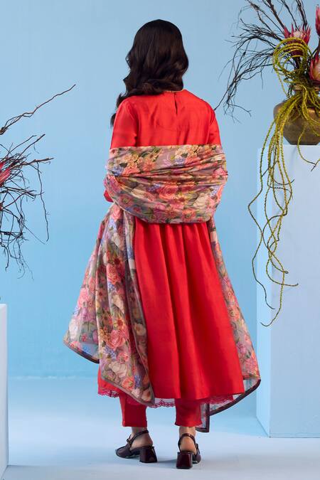 Shop_Surmaye_Red Handloom Cotton, Silk Embroidery Round Vibrant Charm Hem Anarkali Pant Set _at_Aza_Fashions