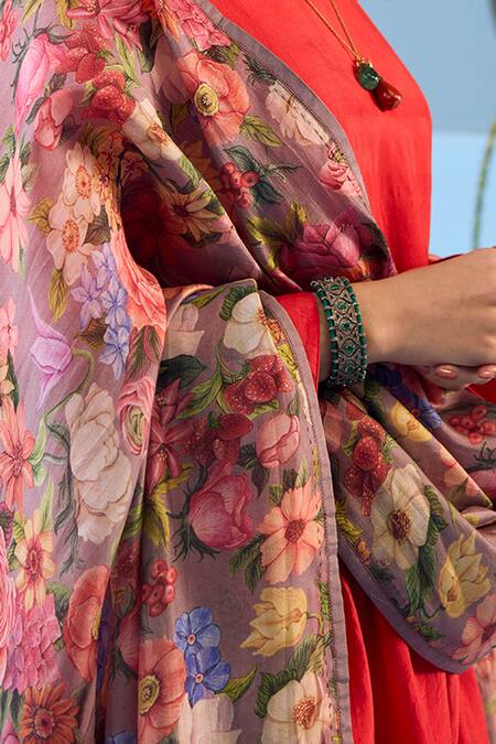 Buy_Surmaye_Red Handloom Cotton, Silk Embroidery Round Vibrant Charm Hem Anarkali Pant Set _Online_at_Aza_Fashions