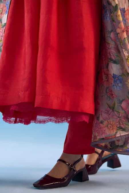 Shop_Surmaye_Red Handloom Cotton, Silk Embroidery Round Vibrant Charm Hem Anarkali Pant Set _Online_at_Aza_Fashions